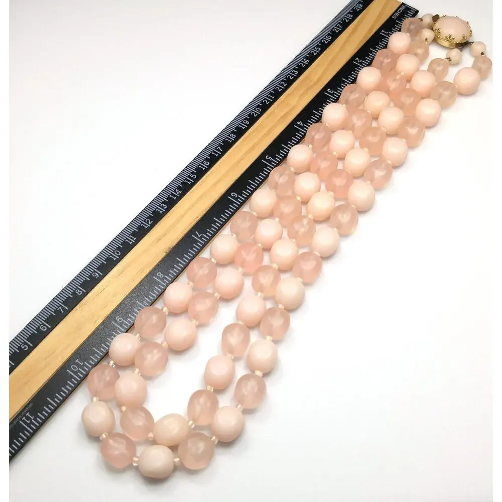 Vintage Austria Pink Lucite Bead Necklace Two Strand Frosted & Matte 1950s